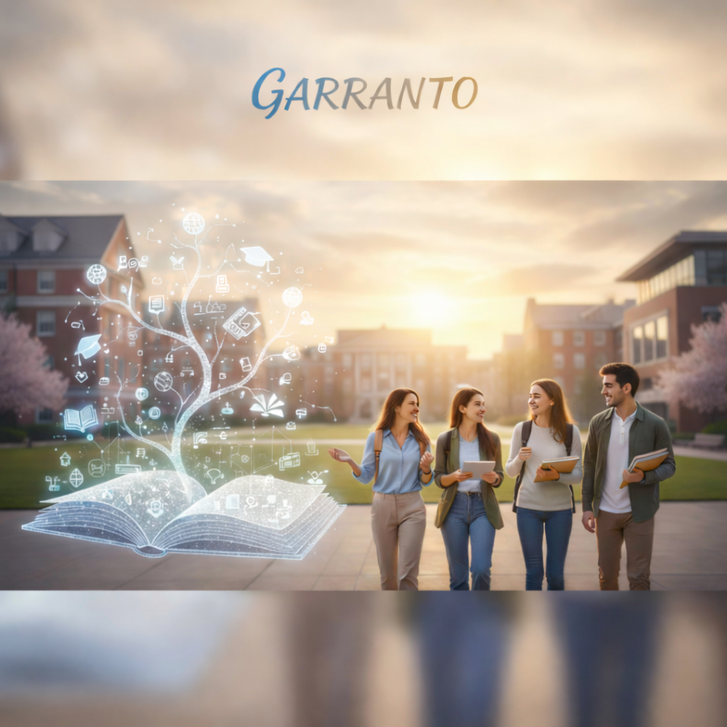 Garranto Academy skill development model illustration featuring a knowledge tree growing from an open book with digital learning icons, symbolizing structured education pathways and continuous growth for students